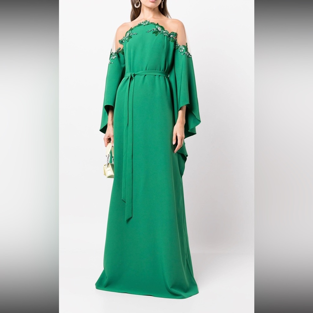 Marchesa Notte Floral-Beaded Belted Kaftan Gown
